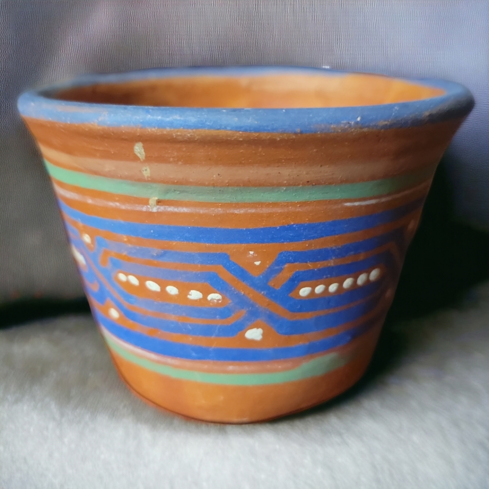 Vtg Red Clay Pottery Mexico Planter Pot Handmade Geometric Design #8874 Signed - Picture 3 of 7